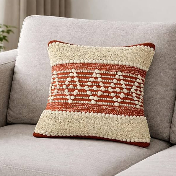Rust & Cream Boho Textured Cushion Cover Set – Tufted Decorative Throw Pillows Cover set for Sofa, Living Room & Bedroom (Pack of 2)