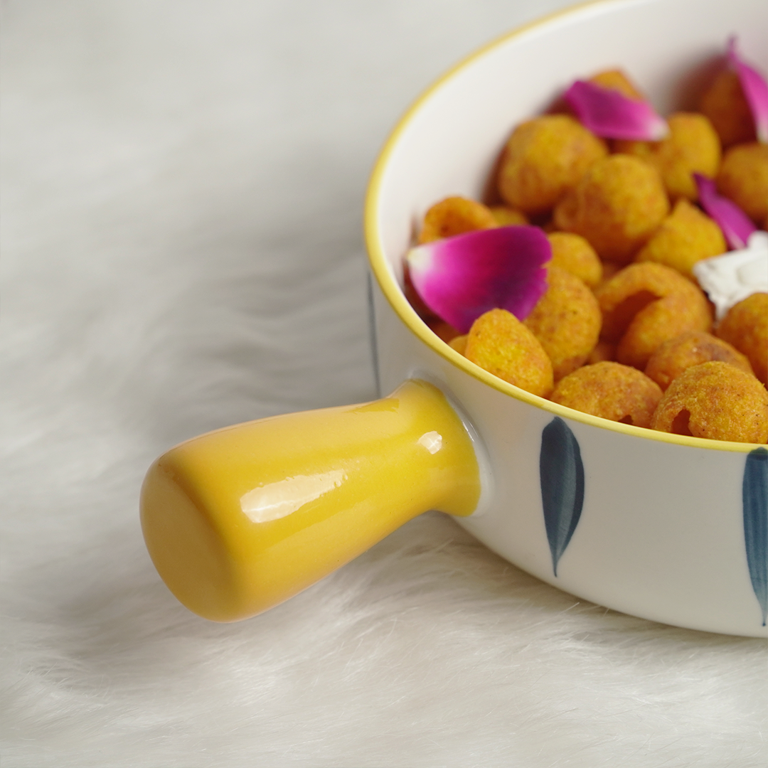 Ceramic Serving Bowl with Handle – Yellow Grip Designer Snack & Soup Bowl | Multipurpose Kitchen Bowl