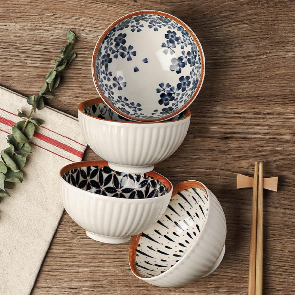 Blue & White Ceramic Bowl Set of 6 – Japanese Floral Pattern Serving & Snack Bowls