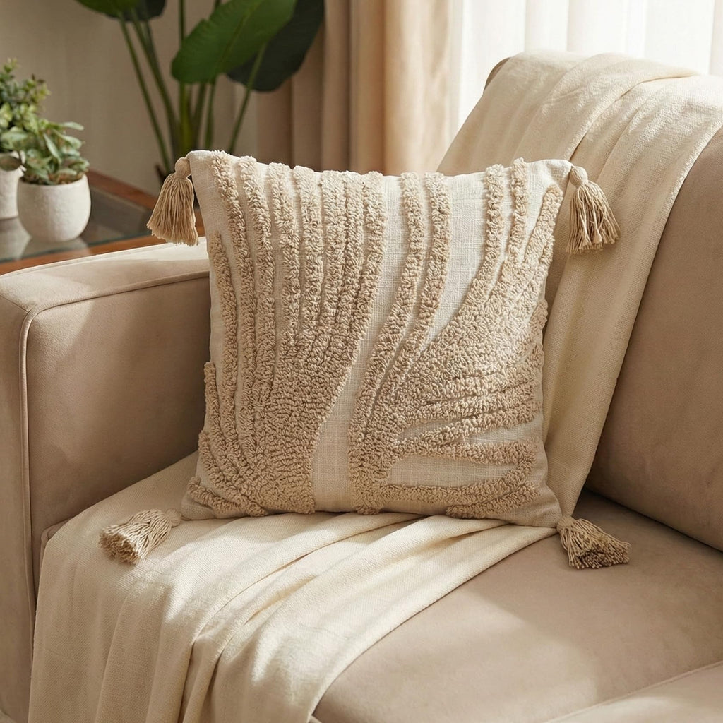 Cream Boho Textured Tassel Cushion Cover Set – Tufted Decorative Throw Pillows for Sofa, Living Room & Bedroom (Pack of 2)