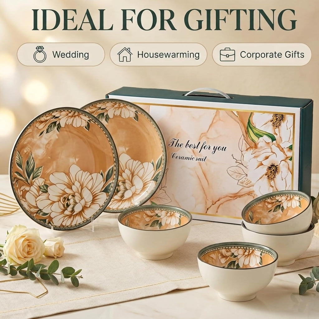Floral Ceramic Dinnerware Set – Elegant Golden Floral Tableware for Dining & Serving