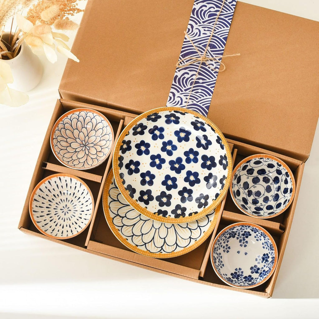 Blue Blossom Ceramic Dinner Set – 4 Bowls & 2 Plates | Hand-Painted Floral Design
