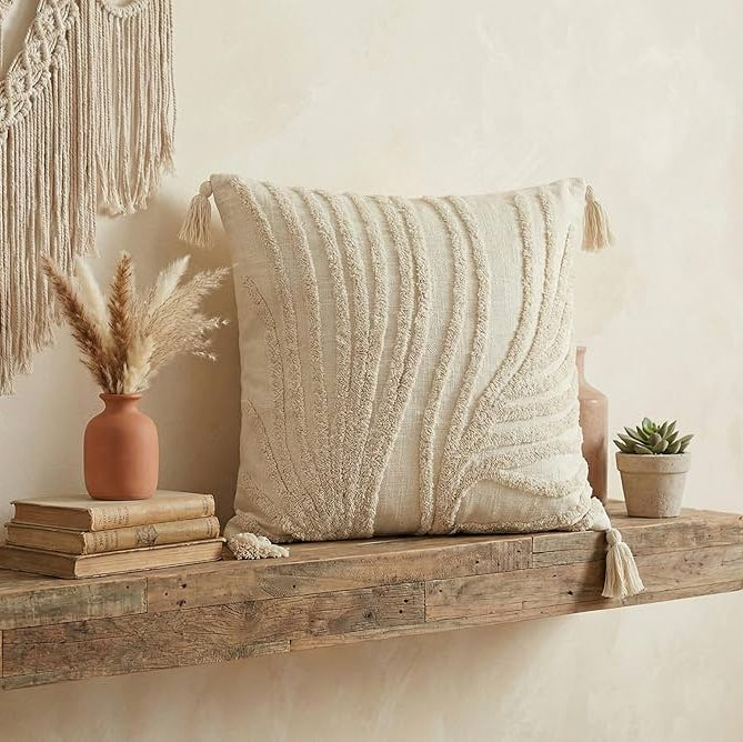 Cream Boho Textured Tassel Cushion Cover Set – Tufted Decorative Throw Pillows for Sofa, Living Room & Bedroom (Pack of 2)