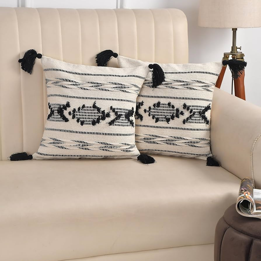 Boho Black & Cream Tribal Cushion Cover Set – Textured Woven Decorative Throw Pillows Cover Set with Tassels for Sofa, Living Room & Bedroom (Pack of 2)
