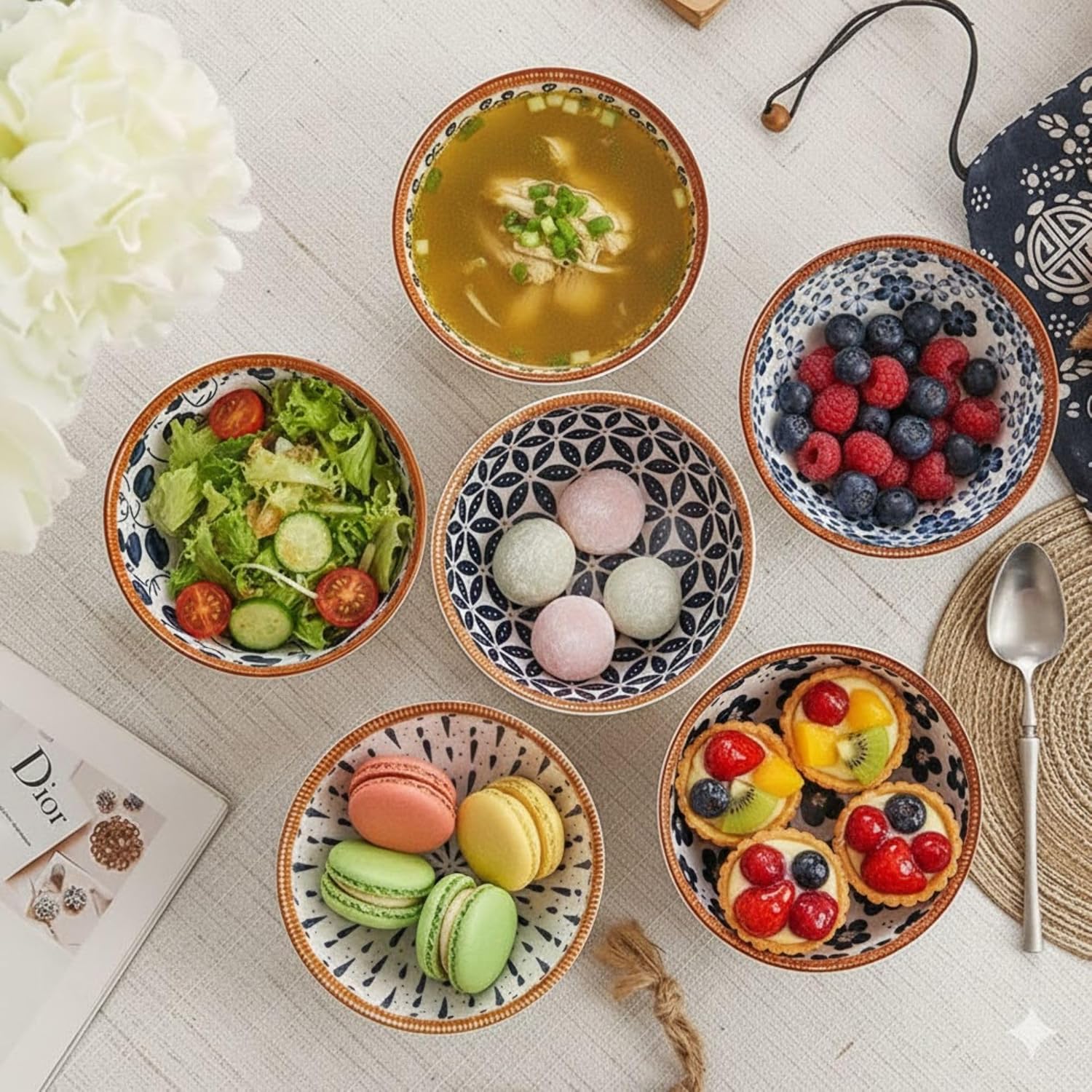 Blue & White Ceramic Bowl Set of 6 – Japanese Floral Pattern Serving & Snack Bowls