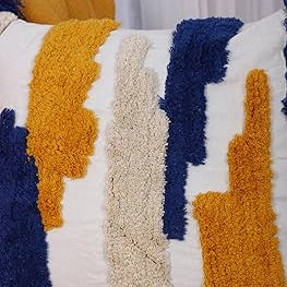 Blue, Mustard & Cream Boho Tufted Cushion Cover Set – Textured Decorative Throw Pillows cover Set with Tassels for Sofa, Living Room & Bedroom (Pack of 2)