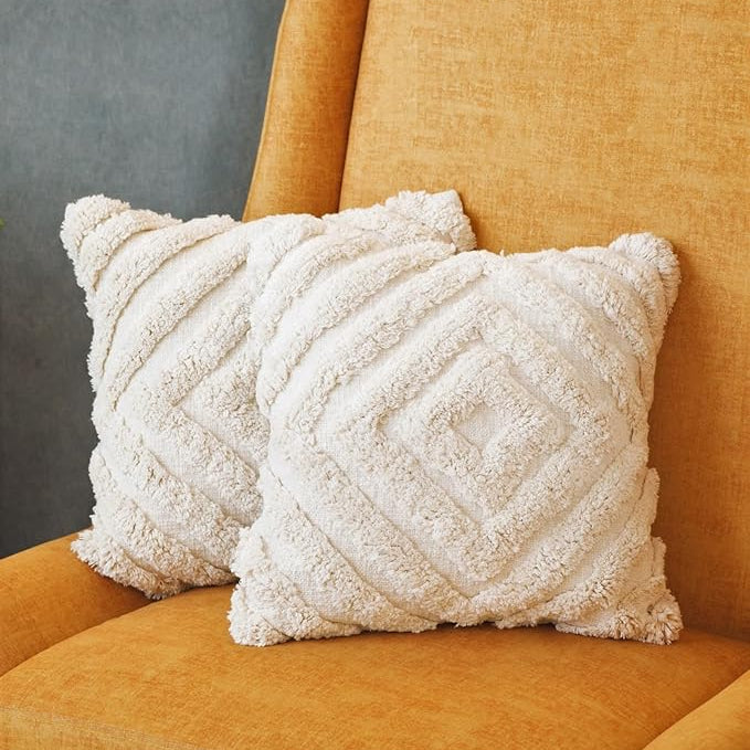 Cream Boho Diamond Textured Cushion Cover Set – Tufted Decorative Throw Pillows Cover Set for Sofa, Living Room & Bedroom (Pack of 2)