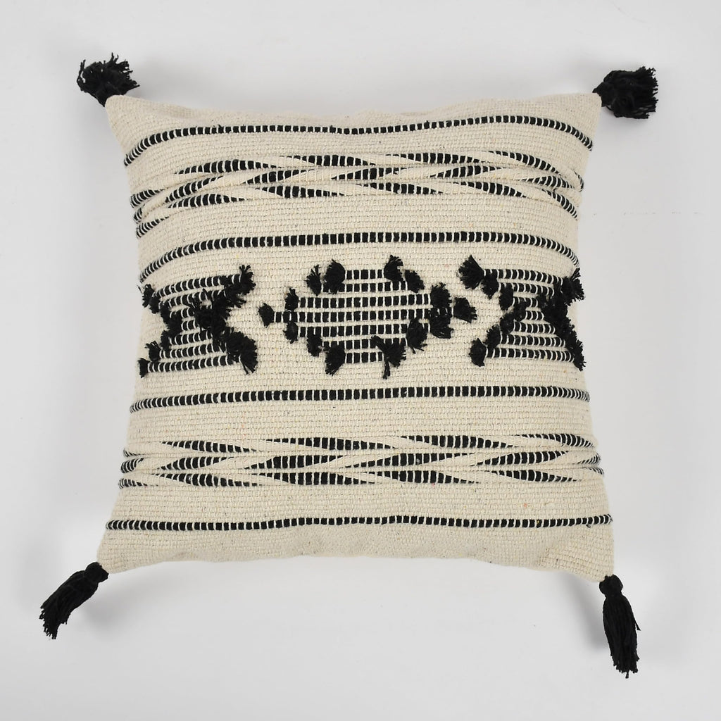 Boho Black & Cream Tribal Cushion Cover Set – Textured Woven Decorative Throw Pillows Cover Set with Tassels for Sofa, Living Room & Bedroom (Pack of 2)
