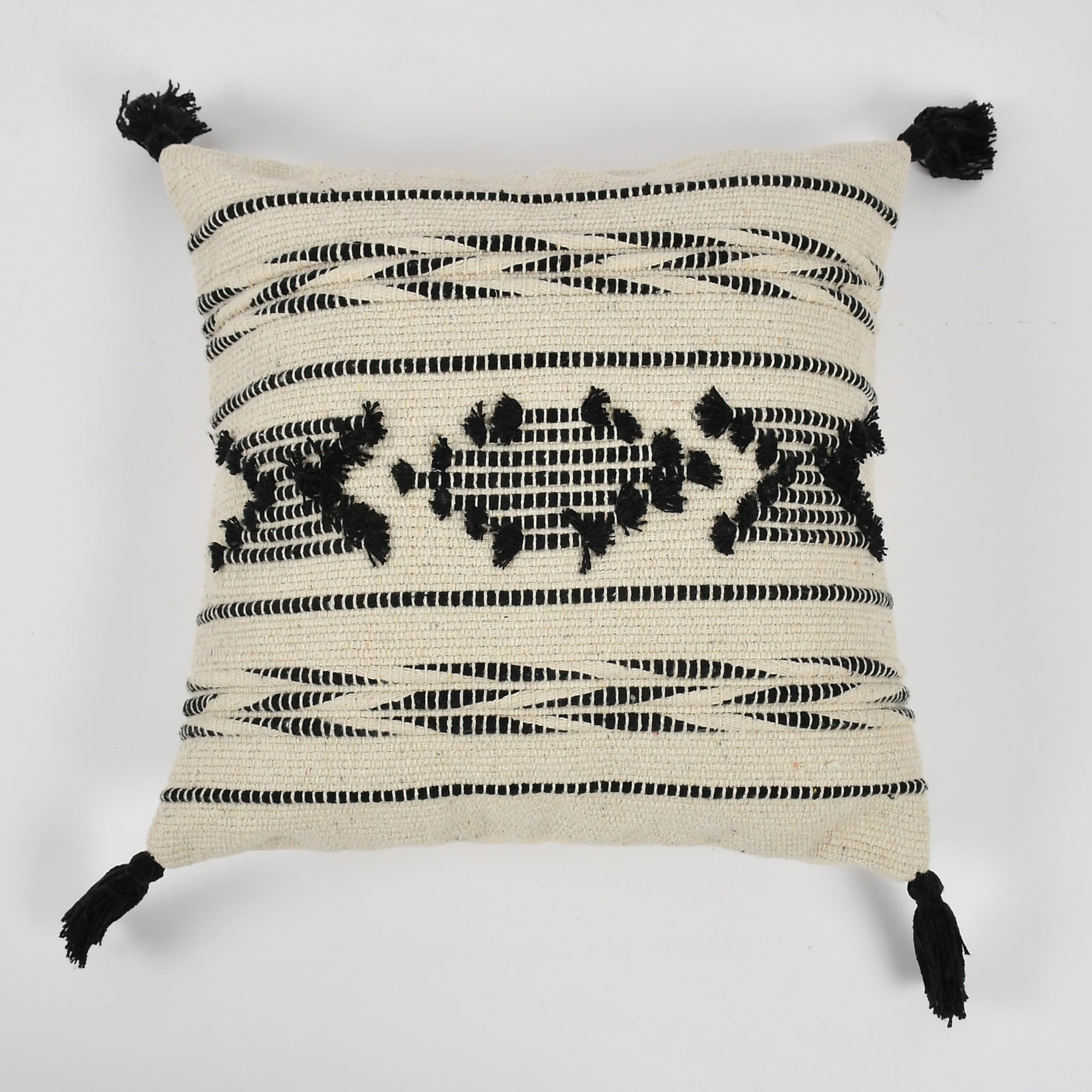 Boho Black & Cream Tribal Cushion Cover Set – Textured Woven Decorative Throw Pillows Cover Set with Tassels for Sofa, Living Room & Bedroom (Pack of 2)