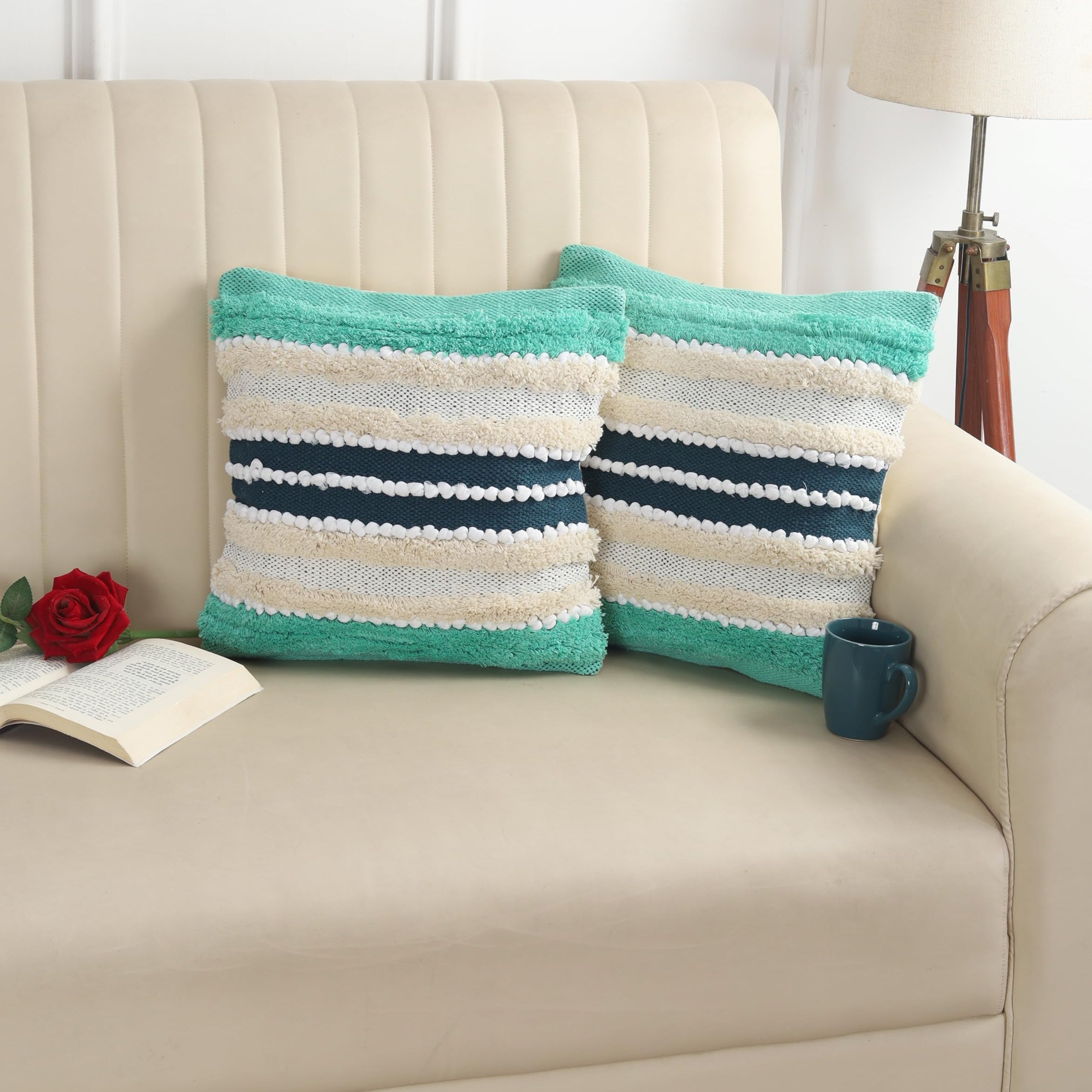 Teal, Cream & Navy Boho Textured Cushion Cover Set – Striped Tufted Decorative Throw Pillows Cover Set for Sofa, Living Room & Bedroom (Pack of 2)