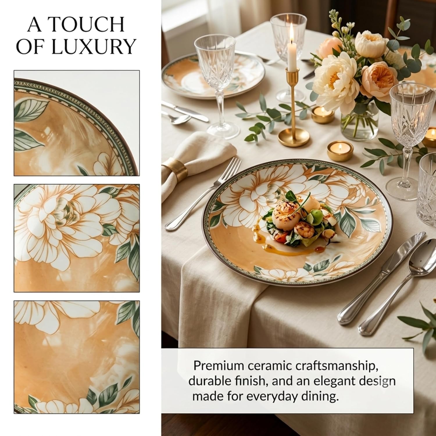 Floral Ceramic Dinnerware Set – Elegant Golden Floral Tableware for Dining & Serving