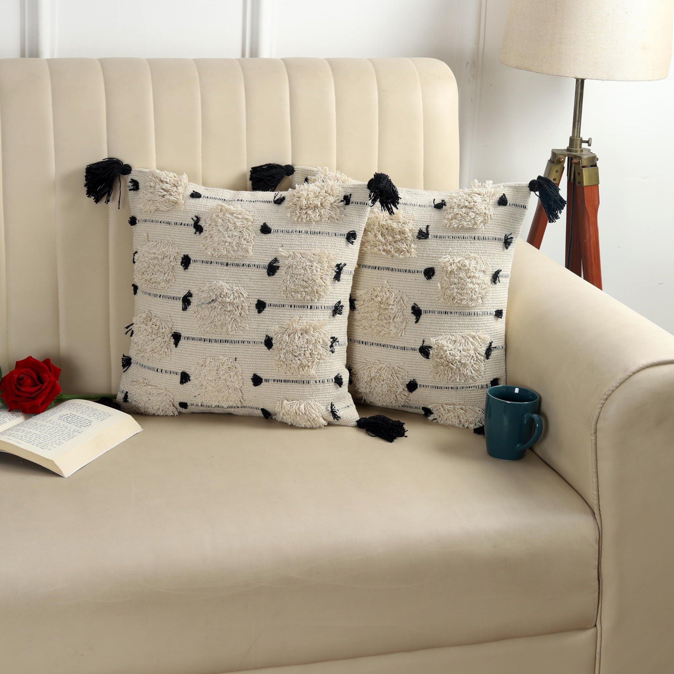 Boho Cream & Black Tufted Cushion Cover Set – Textured Decorative Throw Pillows Cover Set with Tassels for Sofa, Living Room & Bedroom (Pack of 2)