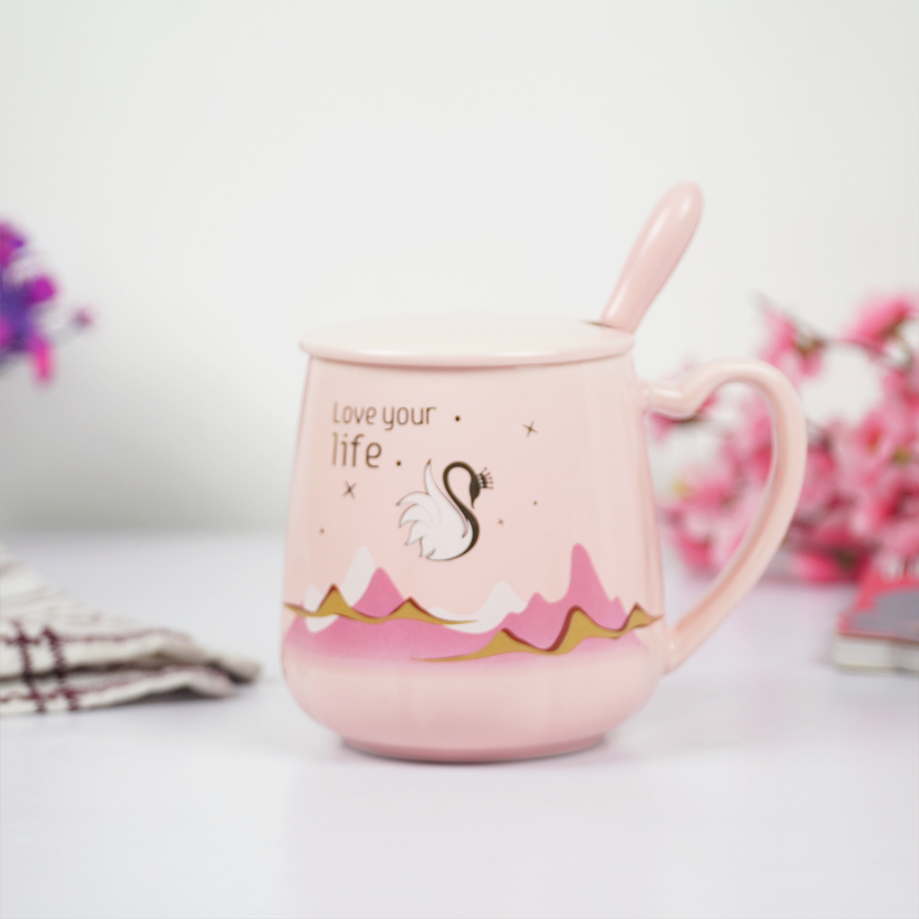 Love Your Life Ceramic Coffee Mug with Lid & Spoon | Aesthetic Tea & Coffee Mug Set | Inspirational Quote Mug | (Blue & Pink)