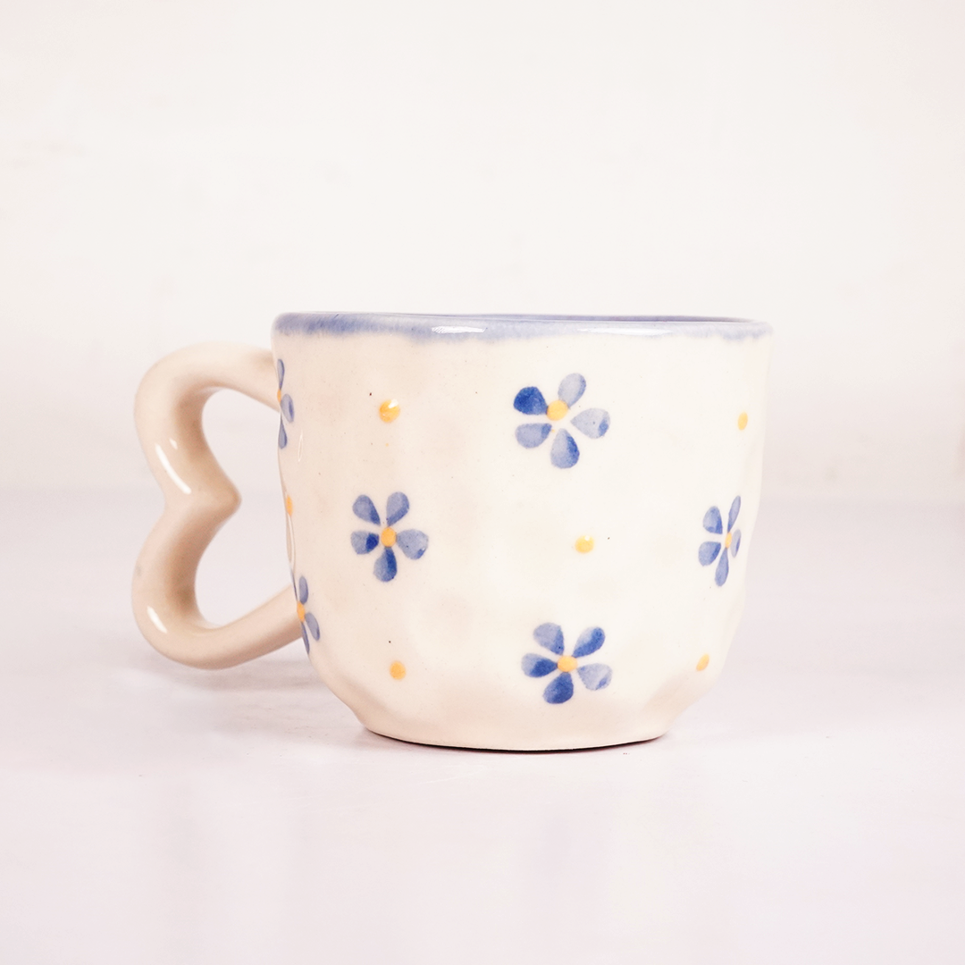White Ceramic Blue Flower Mug – Cute Floral Print Coffee & Tea Cup