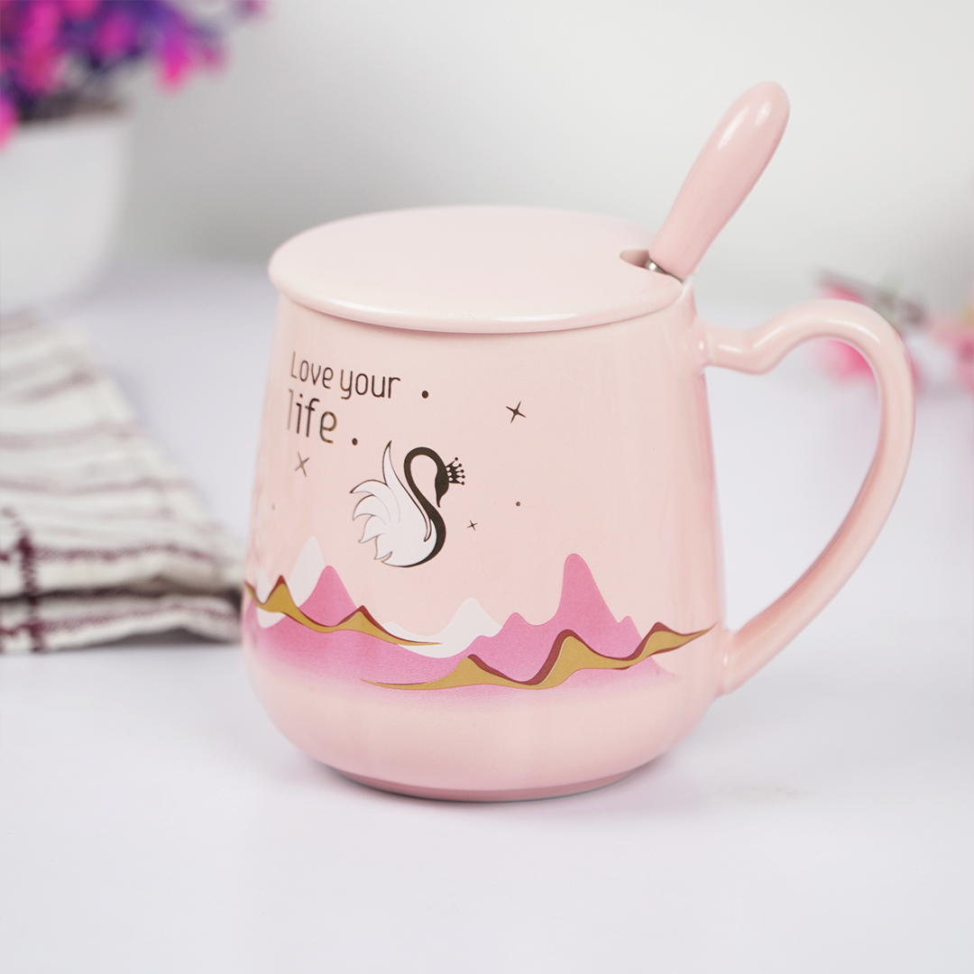 Love Your Life Ceramic Coffee Mug with Lid & Spoon | Aesthetic Tea & Coffee Mug Set | Inspirational Quote Mug | (Blue & Pink)