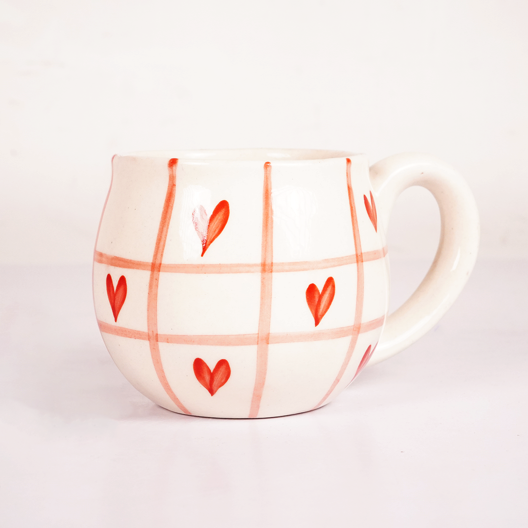 White Ceramic Heart Print Mug – Cute Pink Grid Design Coffee & Tea Cup