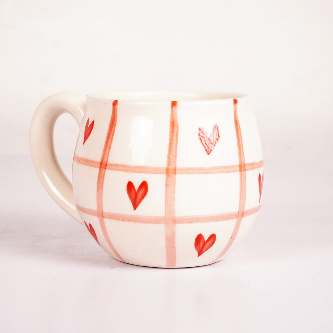White Ceramic Heart Print Mug – Cute Pink Grid Design Coffee & Tea Cup
