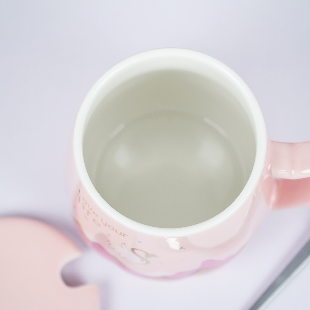 Love Your Life Ceramic Coffee Mug with Lid & Spoon | Aesthetic Tea & Coffee Mug Set | Inspirational Quote Mug | (Blue & Pink)