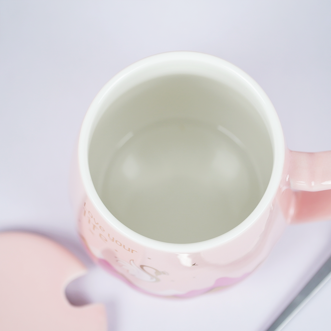 Love Your Life Ceramic Coffee Mug with Lid & Spoon | Aesthetic Tea & Coffee Mug Set | Inspirational Quote Mug | (Blue & Pink)