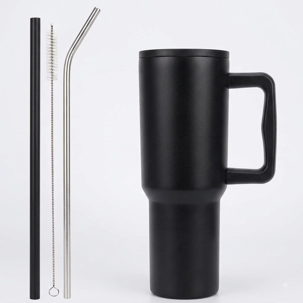 Black Premium Insulated Tumbler with Handle & Straw