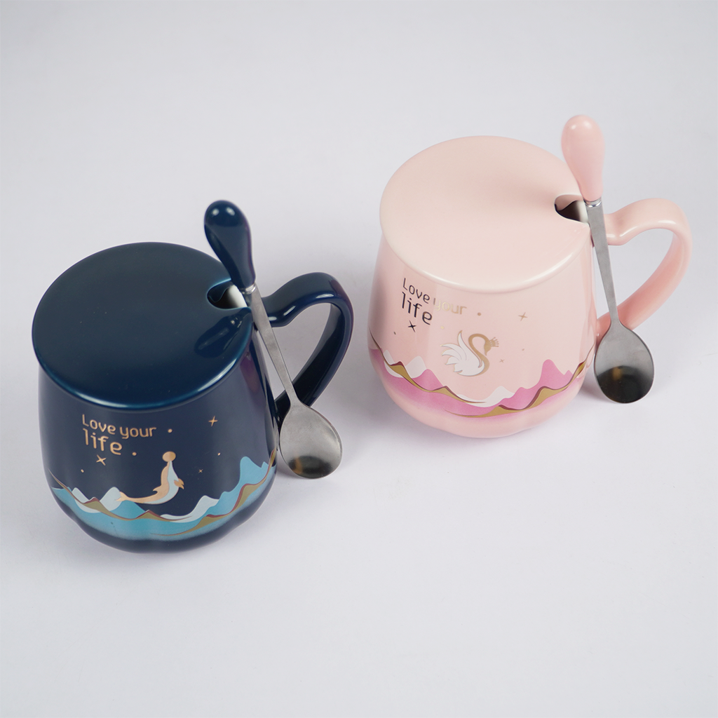 Love Your Life Ceramic Coffee Mug with Lid & Spoon | Aesthetic Tea & Coffee Mug Set | Inspirational Quote Mug | (Blue & Pink)