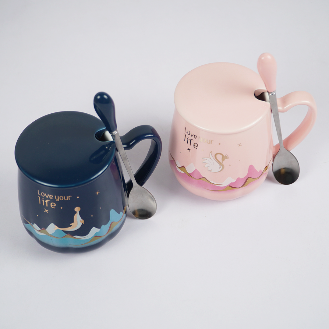 Love Your Life Ceramic Coffee Mug with Lid & Spoon | Aesthetic Tea & Coffee Mug Set | Inspirational Quote Mug | (Blue & Pink)