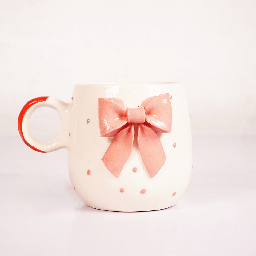 White Ceramic Mug with 3D Pink Bow Design – Cute Aesthetic Coffee Cup for Tea & Coffee