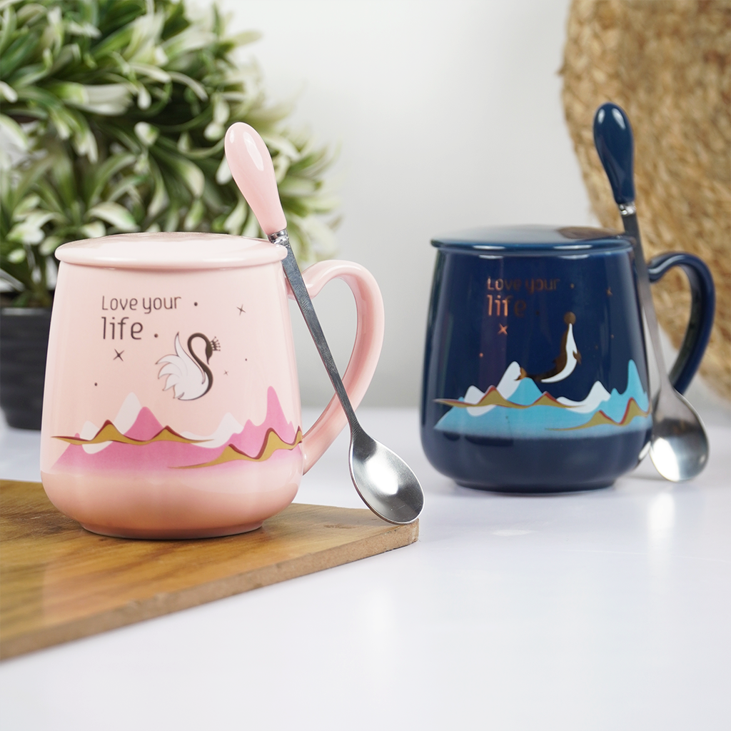 Love Your Life Ceramic Coffee Mug with Lid & Spoon | Aesthetic Tea & Coffee Mug Set | Inspirational Quote Mug | (Blue & Pink)