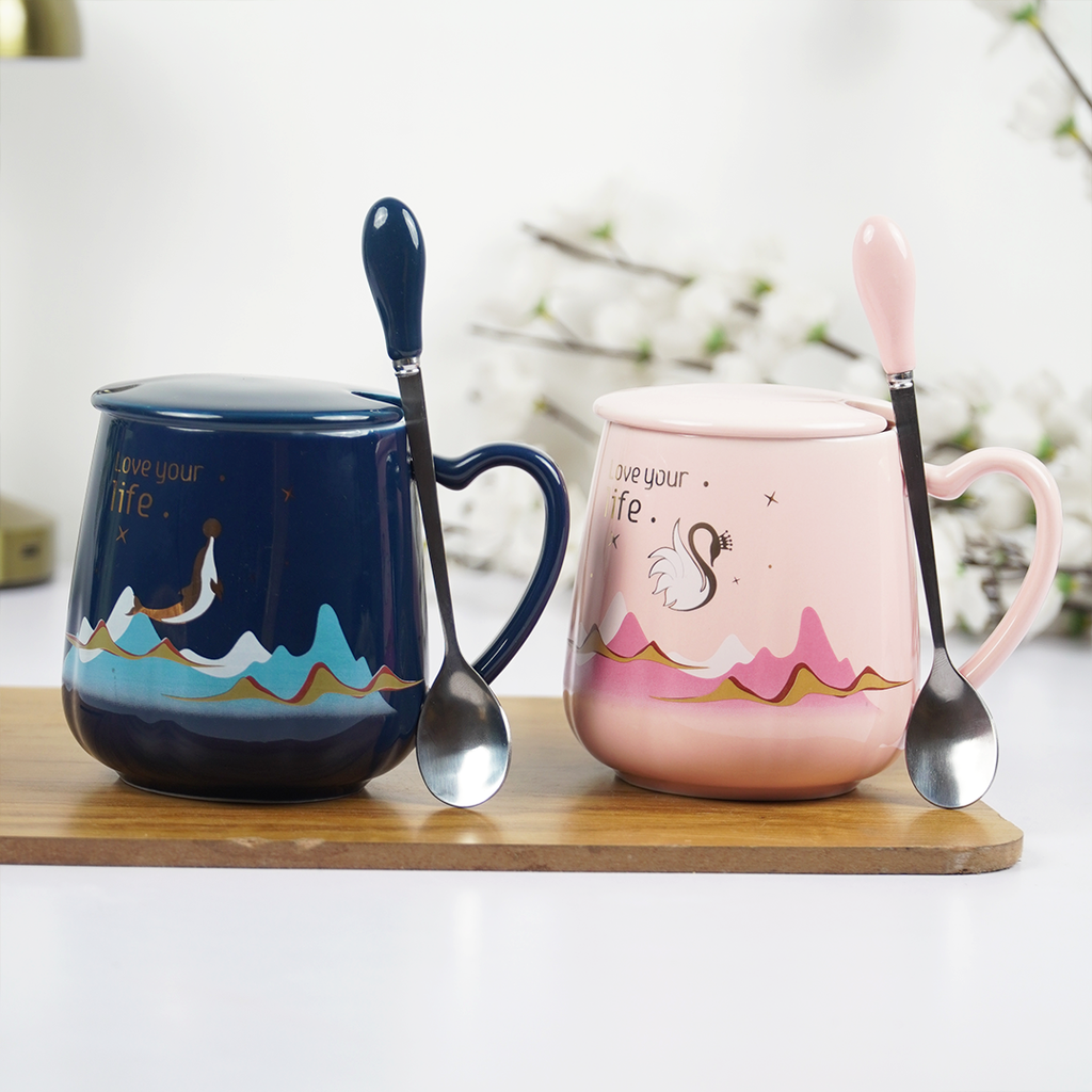 Love Your Life Ceramic Coffee Mug with Lid & Spoon | Aesthetic Tea & Coffee Mug Set | Inspirational Quote Mug | (Blue & Pink)