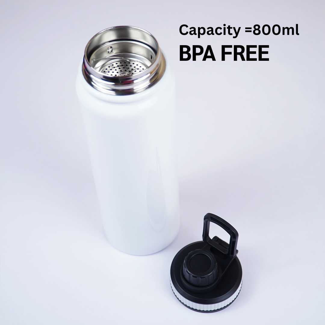 800ml Stainless Steel Water Bottle with Carry Handle | Leak-Proof Reusable Bottle | Travel, Gym & Office | White Finish