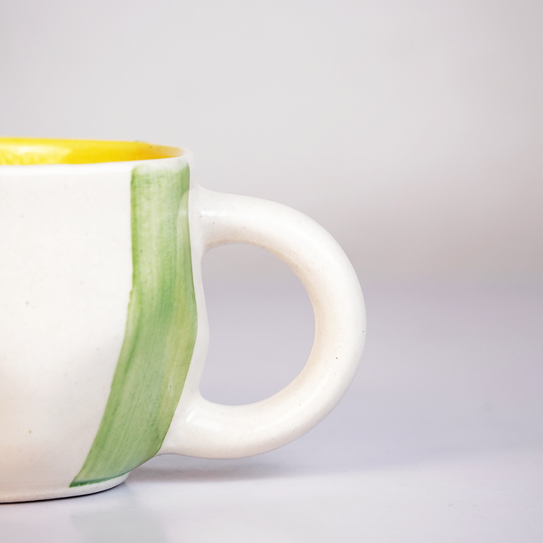 Hand-Painted Green Striped Ceramic Mug | Artistic Coffee & Tea Cup with Yellow Interior