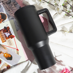 Matte Black Insulated Travel Mug with Handle & Straw