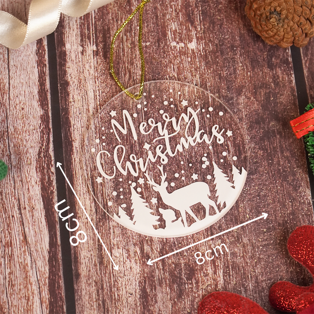 Set of 2 –Merry Christmas Reindeer Scene Acrylic Ornament – Premium Hanging Decoration (8cm)