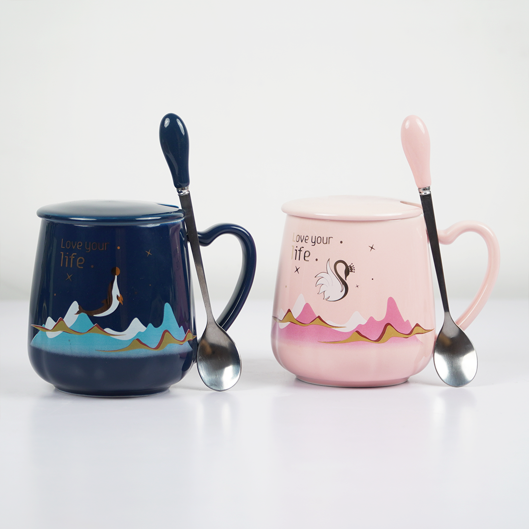 Love Your Life Ceramic Coffee Mug with Lid & Spoon | Aesthetic Tea & Coffee Mug Set | Inspirational Quote Mug | (Blue & Pink)