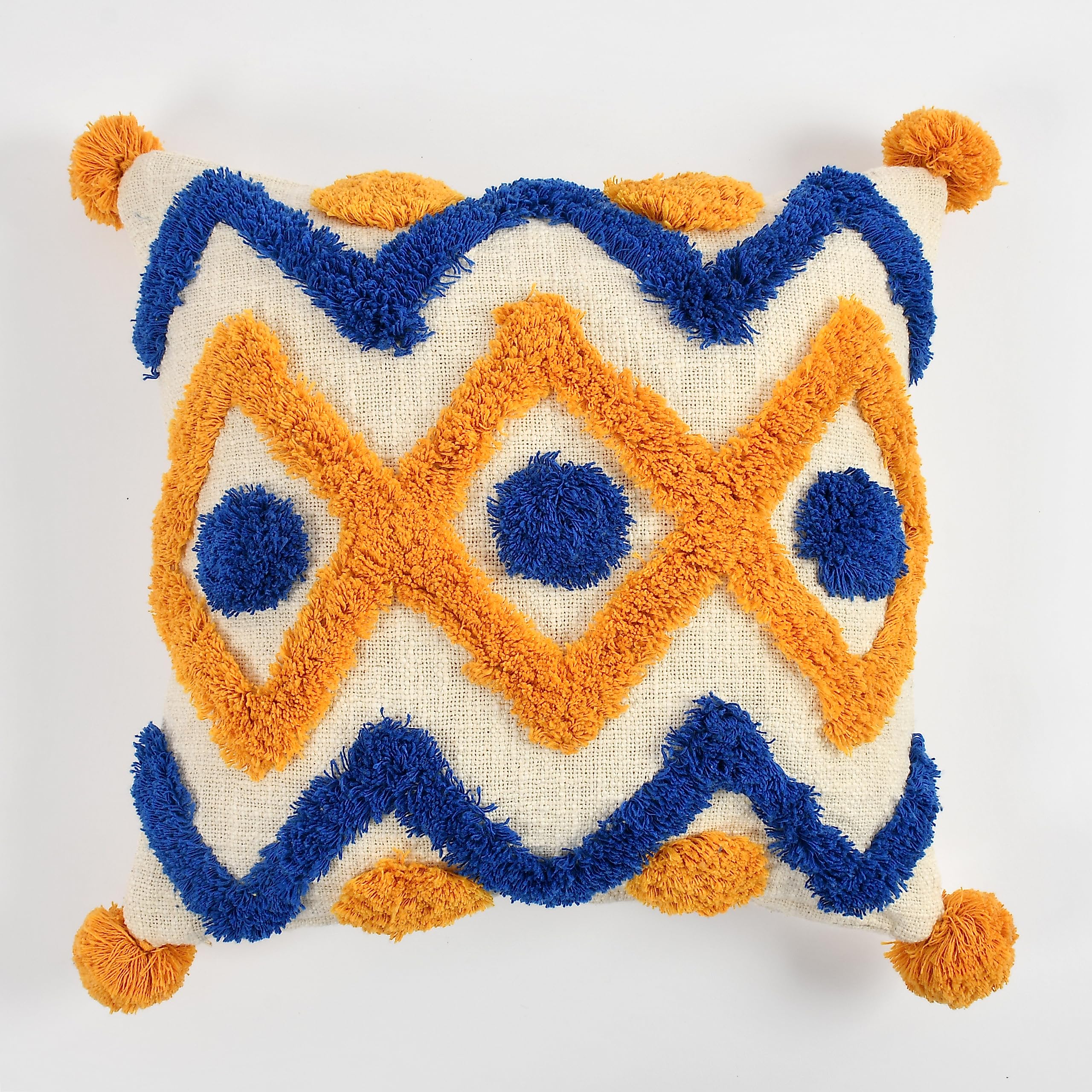 Multicolor Boho Zigzag Tufted Cushion Cover Set – Blue & Mustard Textured Decorative Throw Pillows Cover Set with Tassels for Sofa, Living Room & Bedroom (Pack of 2)