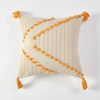 Beige & Mustard Boho Tassel Cushion Cover Set – Textured Decorative Throw Pillows for Sofa, Living Room & Bedroom (Pack of 2)