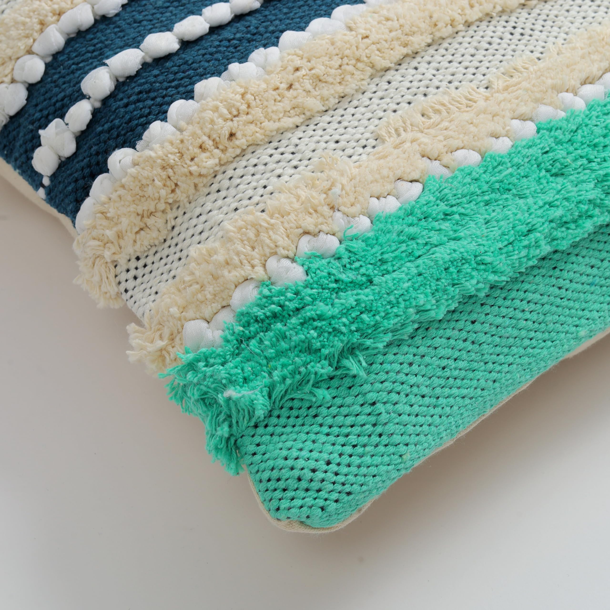 Teal, Cream & Navy Boho Textured Cushion Cover Set – Striped Tufted Decorative Throw Pillows Cover Set for Sofa, Living Room & Bedroom (Pack of 2)