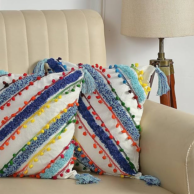 Multicolor Boho Tufted Cushion Cover Set with Tassels – Decorative Throw Pillow Covers for Sofa, Living Room & Bedroom (Pack of 2)