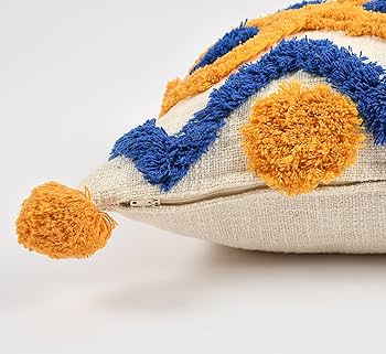 Multicolor Boho Zigzag Tufted Cushion Cover Set – Blue & Mustard Textured Decorative Throw Pillows Cover Set with Tassels for Sofa, Living Room & Bedroom (Pack of 2)