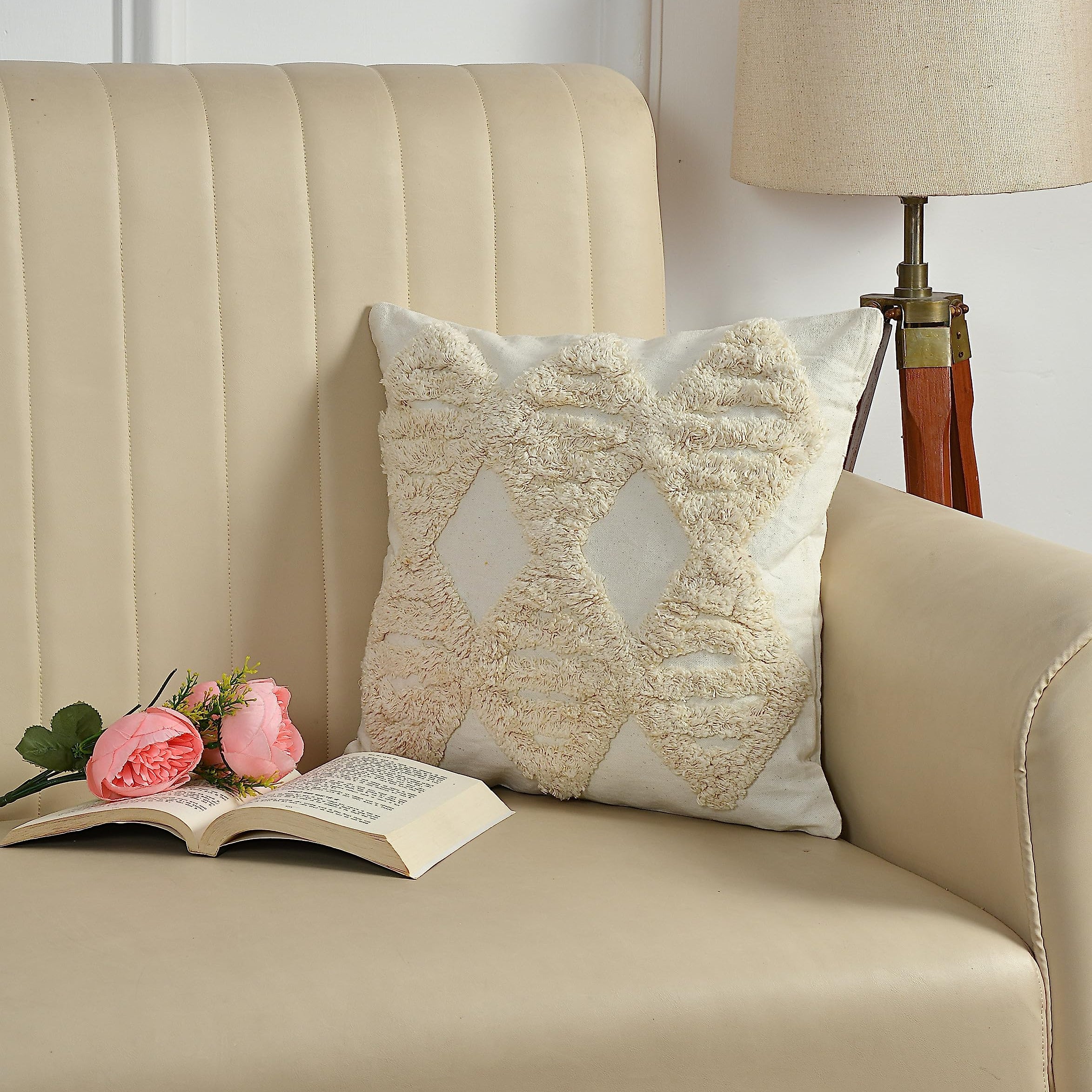 Cream Boho Diamond Tufted Cushion Cover Set – Textured Decorative Throw Pillows Cover Set for Sofa, Living Room & Bedroom (Pack of 2)