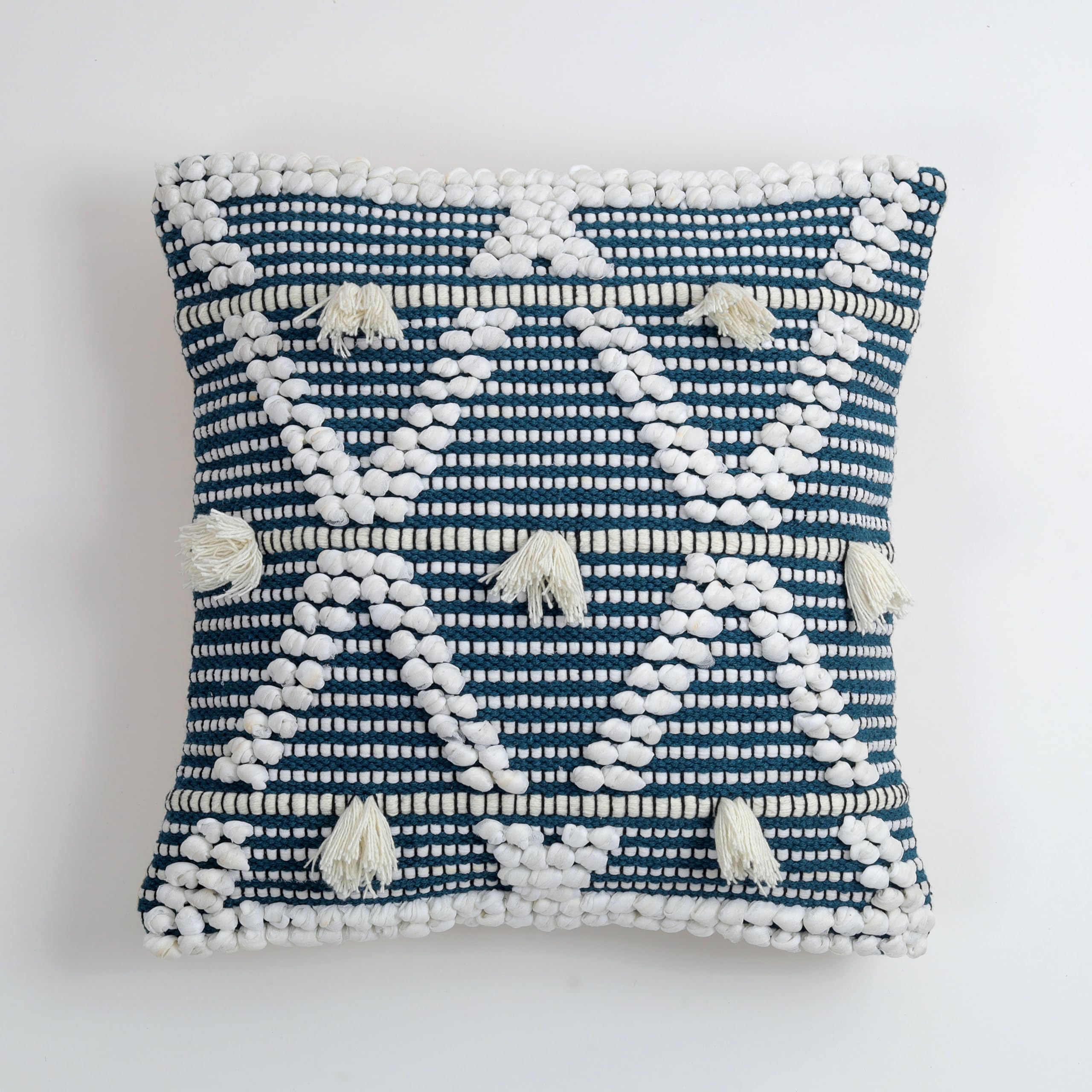Boho Geometric Tufted Cushion Cover Set – Blue & White Textured Decorative Throw Pillows Cover Set with Tassels for Sofa, Living Room & Bedroom (Pack of 2)