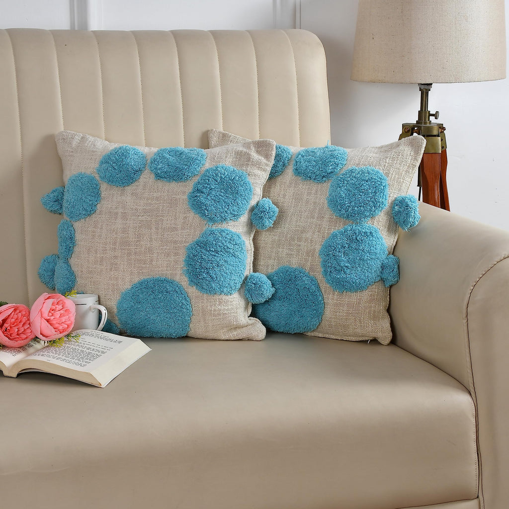 Blue Pom-Pom Textured Cushion Cover Set – Boho Decorative Throw Pillows Cover set for Sofa, Living Room & Bedroom (Pack of 2)