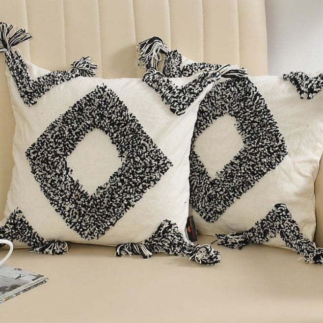 Black & White Tufted Diamond Cushion Cover Set – Boho Decorative Throw Pillow Cover Set Covers with Tassels for Sofa, Living Room & Bedroom (Pack of 2)