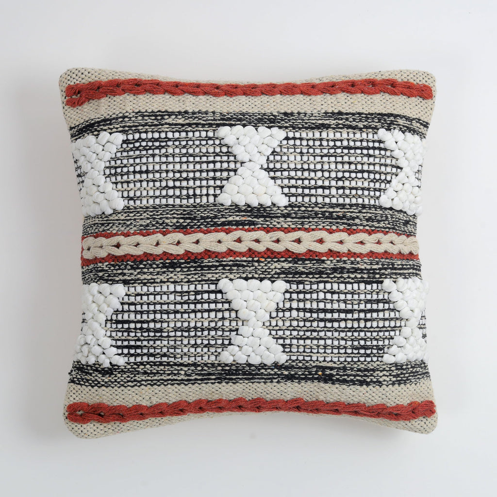 Boho Tribal Textured Cushion Cover Set – Black, White & Rust Tufted Decorative Throw Pillows Cover Set for Sofa, Living Room & Bedroom (Pack of 2)