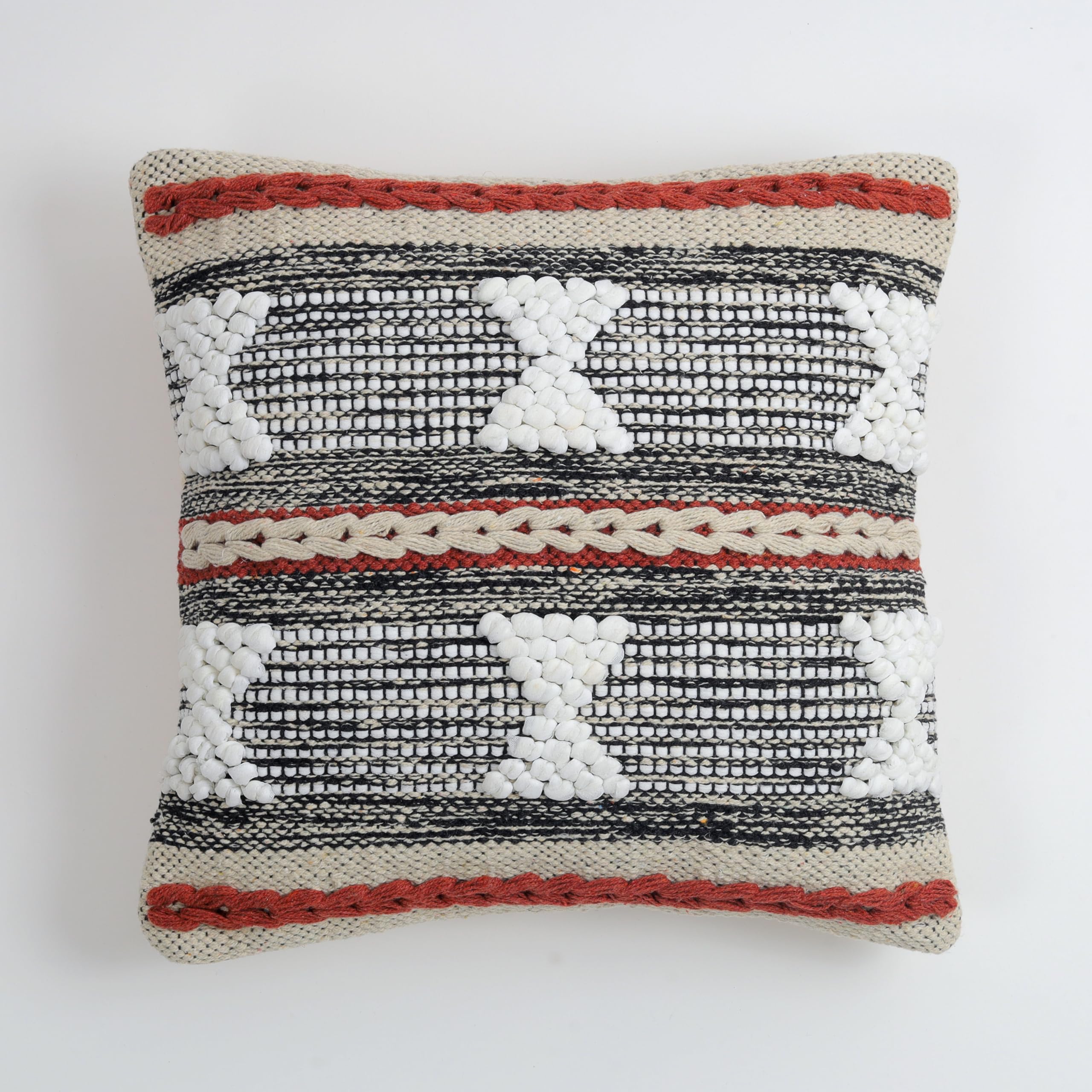 Boho Tribal Textured Cushion Cover Set – Black, White & Rust Tufted Decorative Throw Pillows Cover Set for Sofa, Living Room & Bedroom (Pack of 2)