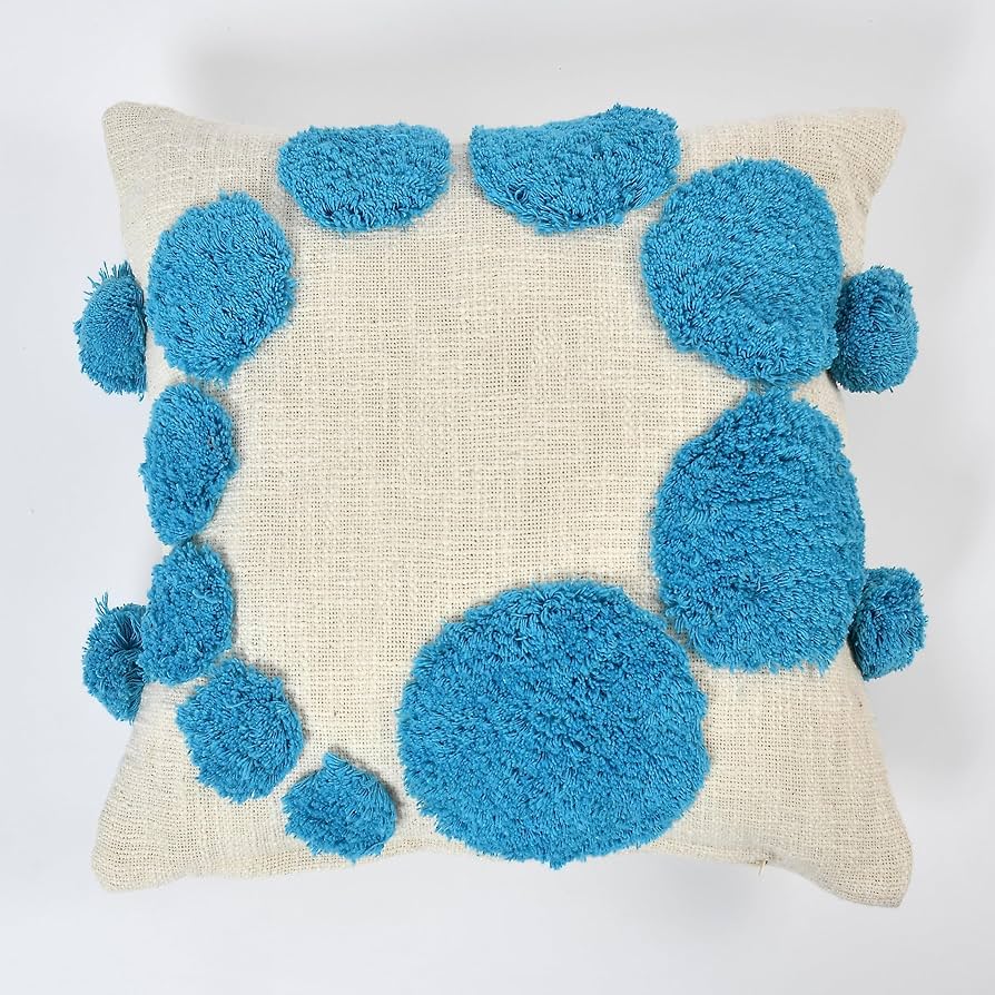 Blue Pom-Pom Textured Cushion Cover Set – Boho Decorative Throw Pillows Cover set for Sofa, Living Room & Bedroom (Pack of 2)
