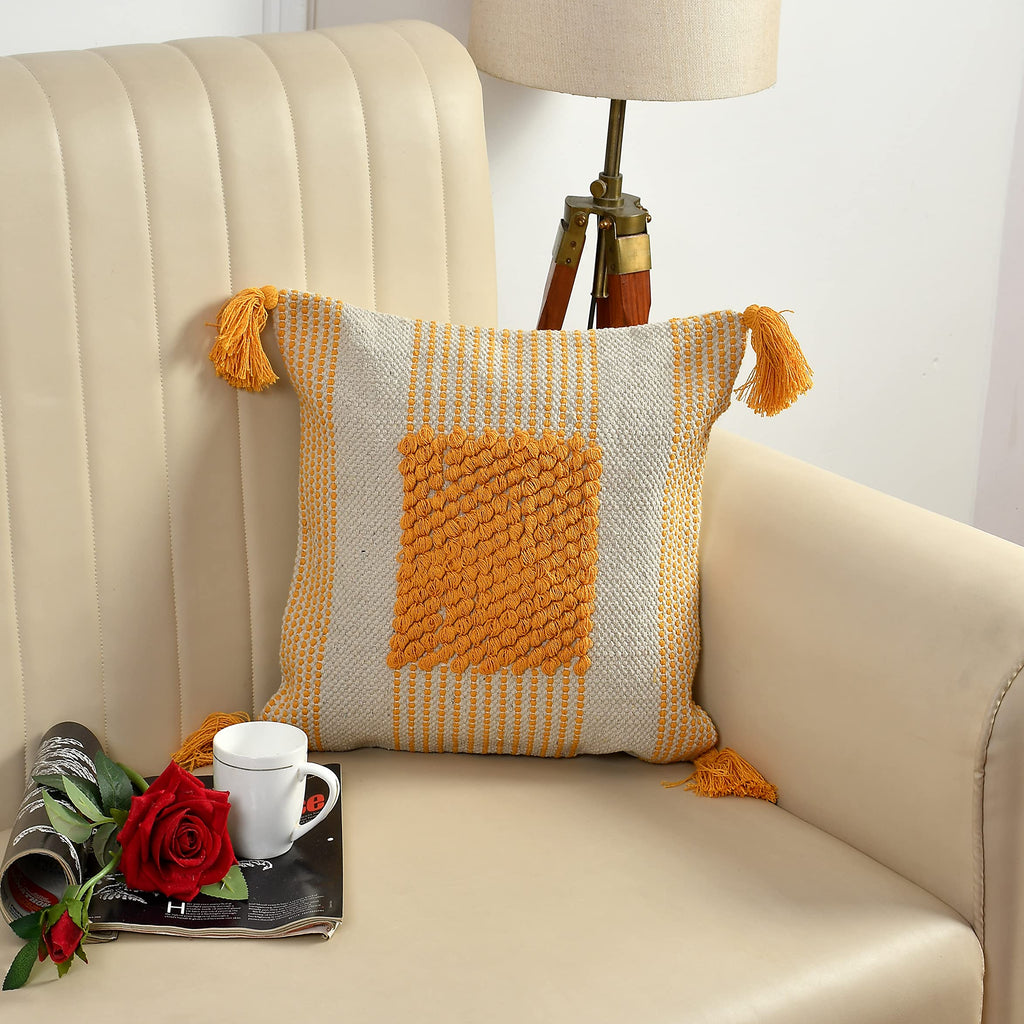 Boho Mustard Tufted Cushion Cover – Textured Square Decorative Throw Pillow Cover Set with Tassels for Sofa, Living Room & Bedroom (Pack of 2)