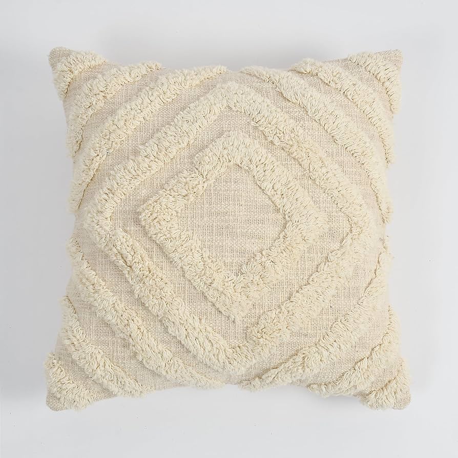 Cream Boho Diamond Textured Cushion Cover Set – Tufted Decorative Throw Pillows Cover Set for Sofa, Living Room & Bedroom (Pack of 2)