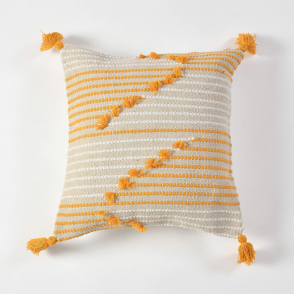 Mustard Tassel Striped Boho Cushion Cover – Textured Woven Decorative Throw Pillow Cover Set for Sofa, Living Room & Bedroom