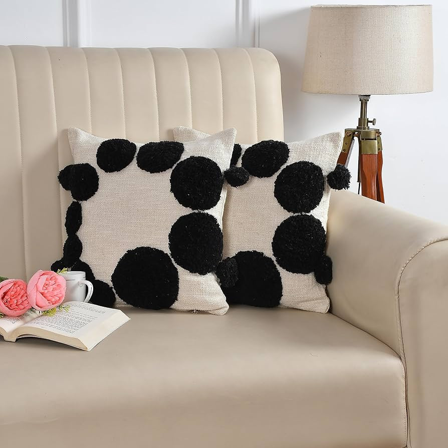 Black Polka Dot Tufted Cushion Cover Set – Beige Decorative Throw Pillow Covers for Sofa, Couch & Bedroom, Soft Textured Boho Home Décor (Pack of 2)